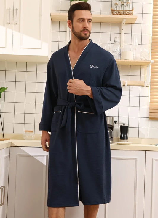 Mens Waffle Knit Quick Dry Bathrobe Absorbent Kimono Robe with Pockets White Piping Trim Soft Lightweight Mens Spa Loungewear