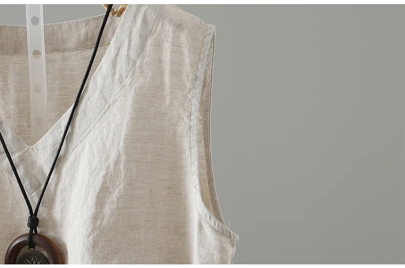 Slimming Pure Color Cotton Linen Lightweight Sleeveless round Neck Inner Wear Large Size Women's Fashionable Versatile Top