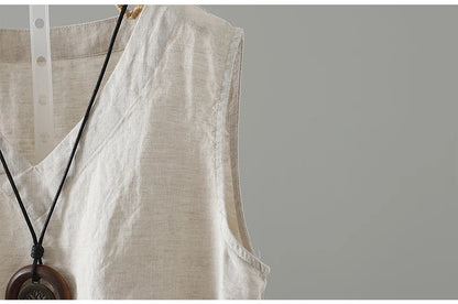Slimming Pure Color Cotton Linen Lightweight Sleeveless round Neck Inner Wear Large Size Women's Fashionable Versatile Top