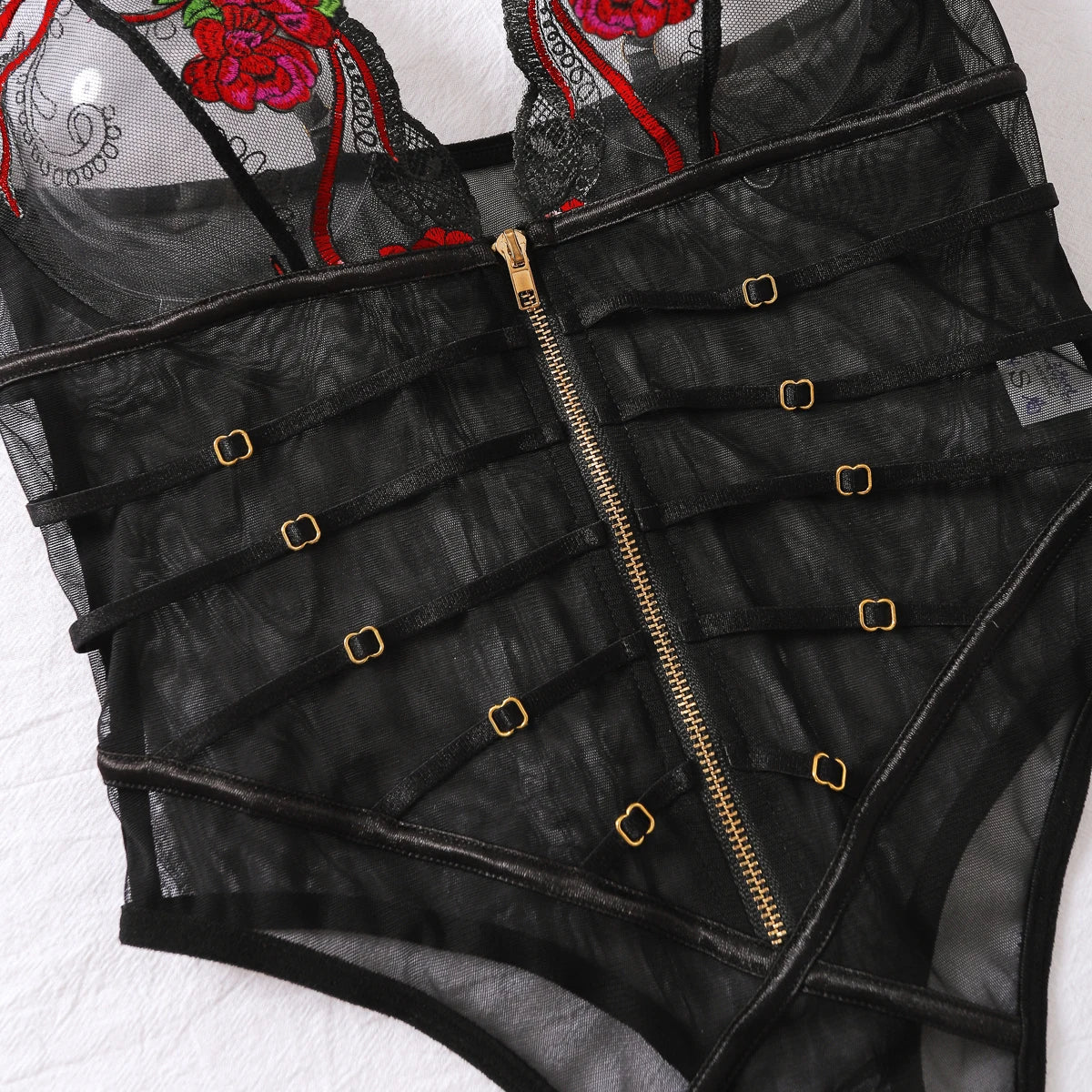 2024 New Fashionable and Sexy Lace Mesh Embroidered Transparent V-neck Mischievous Temptation Style Strap jumpsuit