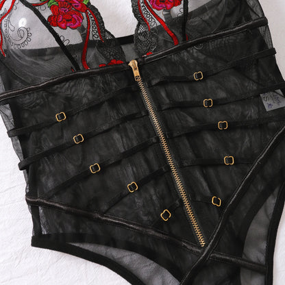 2024 New Fashionable and Sexy Lace Mesh Embroidered Transparent V-neck Mischievous Temptation Style Strap jumpsuit
