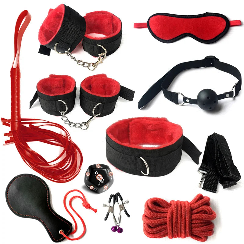 Sex Bondage Set Plush Sex Toy BDSM Kits for Women Couples Adult Games Adjustable Handcuffs Ankle Whip Gag Nipple Clamps Toys