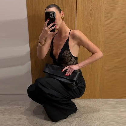 Sexy Women's Bodysuit Halter Lace Deep V-neck Sleeveless   Slim Female Bodysuits 2026 Summer New Fashion Party Chic Lady Top