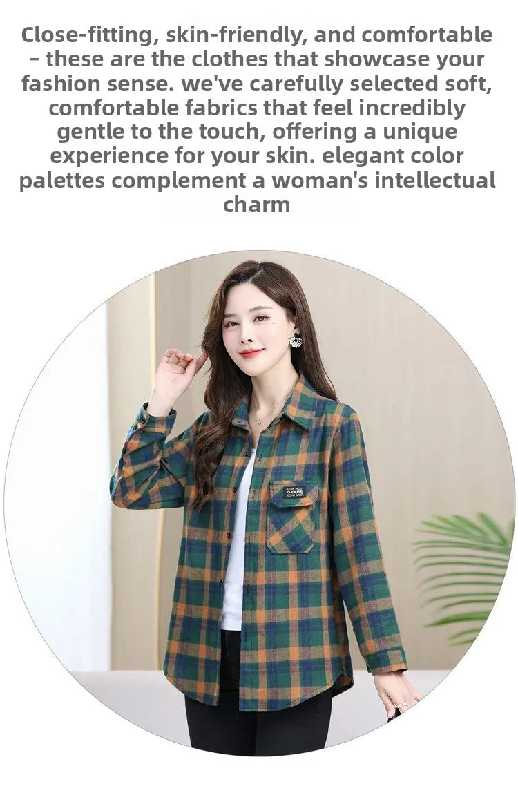 Loose Long Sleeve Mom Shirt Women's New Style Slimming Age-Defying Outerwear Versatile Early Autumn Plaid Outfit  Collar