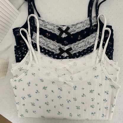 Bow Floral Eyelet Lace Trim Tank Tops Women Summer Cotton Sleeveless Slim Camisole Girls Sweet Cute Preppy Style Crop Top Y2K