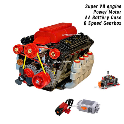 MOC Super V8 Engine Simulation Model Building Blocks Technology Car Parts 6 Speed Gearbox Power Motor Battery Box Boys Toys Gift