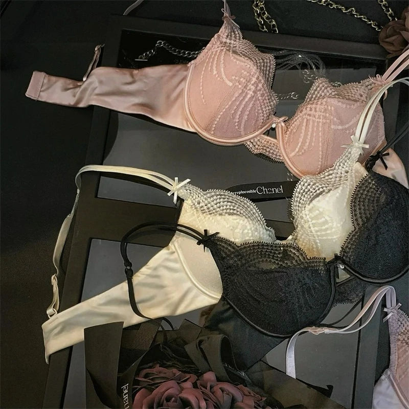 French Lace Embroidery Women Lingerie Set Sexy Hollow Thin Cup Push Up Bra High Quality Silk Satin Intimates Comfort Underwear