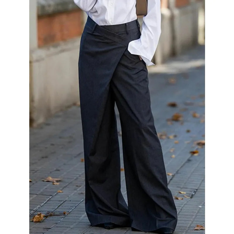 Modigirl Trendy Women's Suit Pants Autumn Spring Loose Wide Leg Asymmetric Solid Color Split-Joint High Waisted Formal Trousers