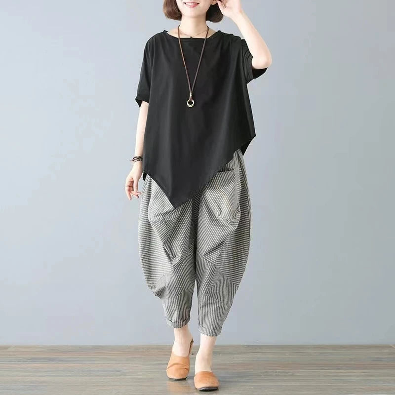 Cotton Blend Loose Fit Casual Women's T-irt And Harlan Pants Set Single Piece Summer Faion Ensemble for plus Size