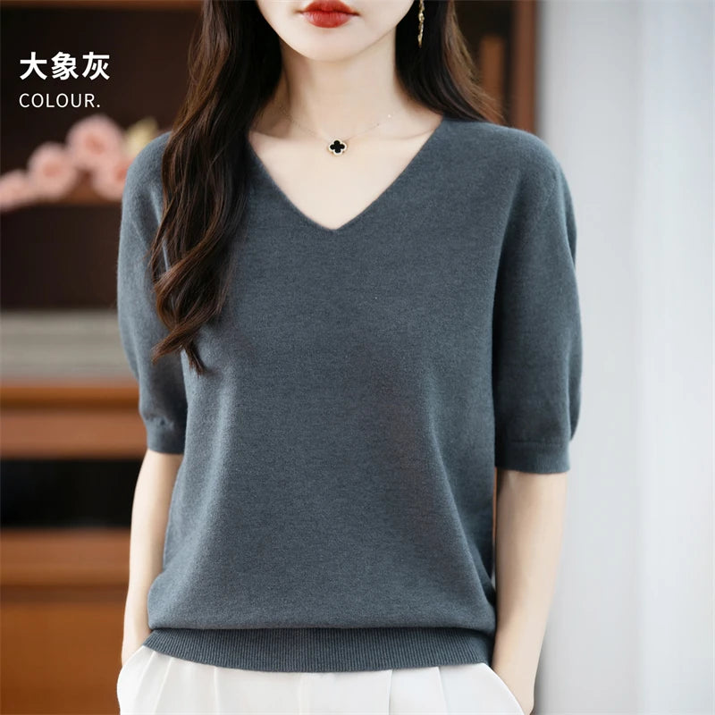 Thin Worsted Wool Short-Sleeved Women's Loose Round Neck T-shirt Printed Summer Fashion Knitted Bottoming Shirt Half-Sleeved