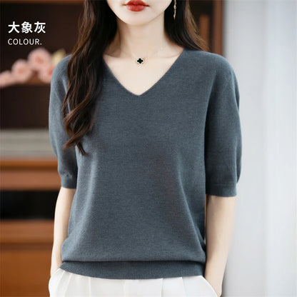 Thin Worsted Wool Short-Sleeved Women's Loose Round Neck T-shirt Printed Summer Fashion Knitted Bottoming Shirt Half-Sleeved