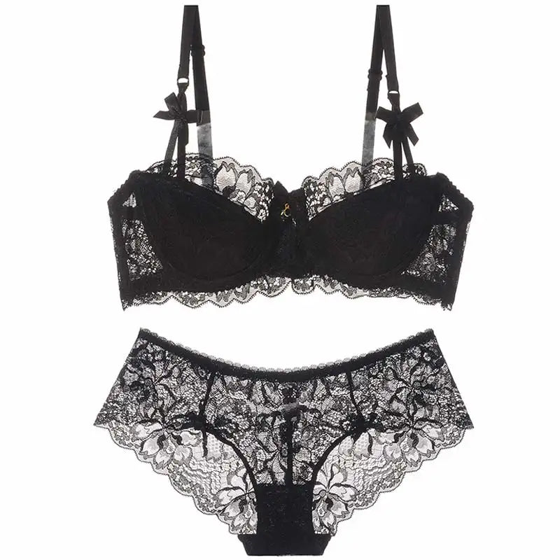 Sexy French Lace Push Up Bra Set for Small Chest, Anti Sagging Half Cup Demi Bra & Panty Lingerie Set, Sheer Adjustable Straps