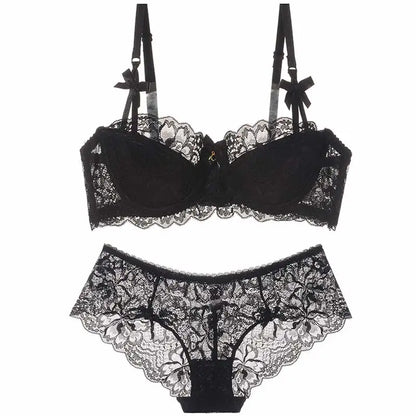 Sexy French Lace Push Up Bra Set for Small Chest, Anti Sagging Half Cup Demi Bra & Panty Lingerie Set, Sheer Adjustable Straps