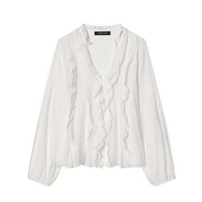 HH Women Elegant Fashion Polka Dot Ruffled Blouse V Neck Long Sleeve Shirt Summer Translucent Thin Tops High Street Chic Shirts