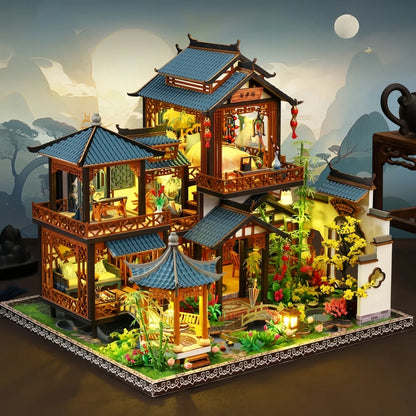 DIY Miniature Dollhouse Traditional Chinese Courtyard,3D Wooden Puzzle DIY Kit with LED Light, Creative Birthday Gift Home Decor