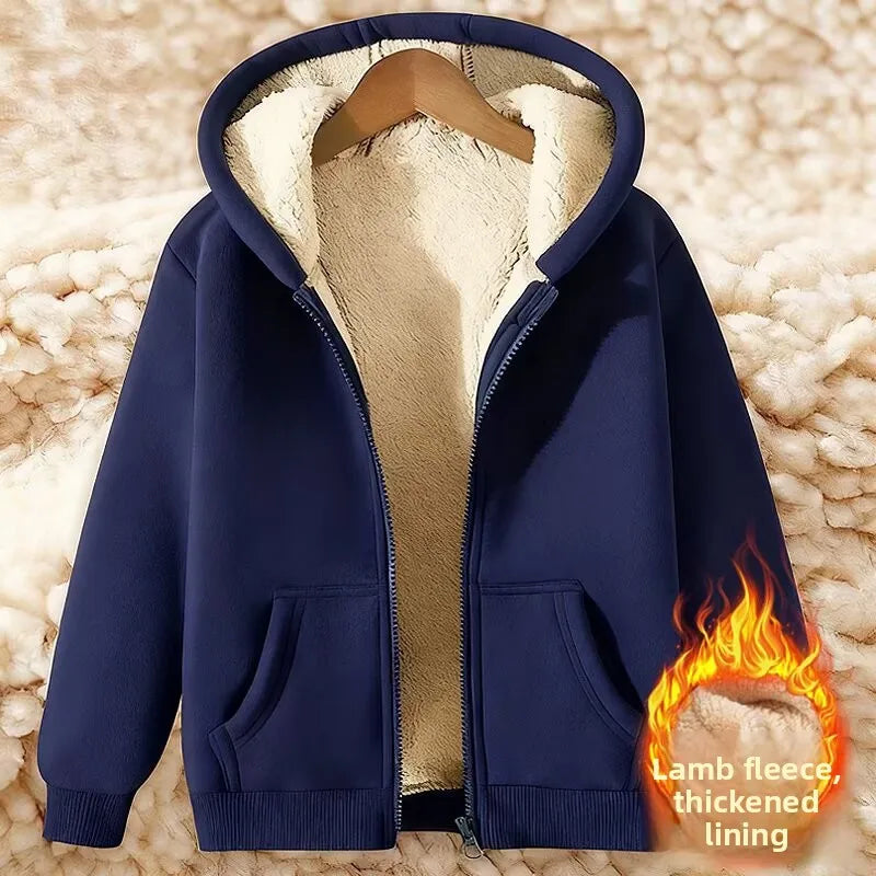 Lamb Velvet Hooded Sweatshirt Unisex Thickened Warm Loose Cardigan Outerwear for Autumn And Winter Polyester Fiber Zipper Clo...
