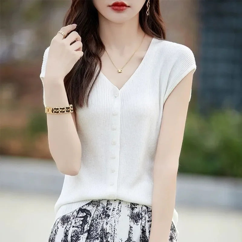 Women's Clothing New Fashion V-neck Knit Tops Summer Casual All-match Thin Sleeveless Tanks Lady Solid Single-breasted Cardigan