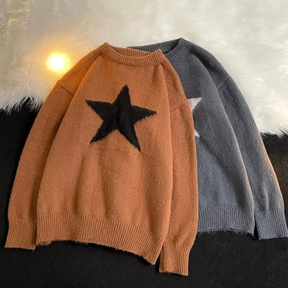 Autumn and winter hip-hop patch crochet round neck knitted sweater for men and women, trendy street lazy style sweater
