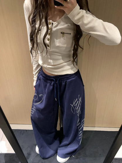 American Style Letter Embroidered Wide Leg Pants Women's Spring Summer Korean Version Trendy Hiphop Jazz Dance Sport Sweatpants