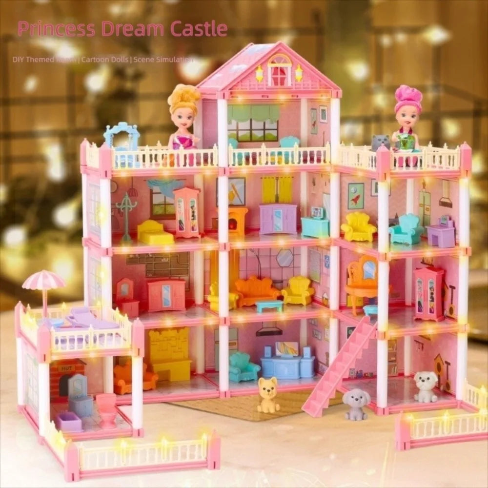 Creative 3D Doll House Set Miniature Furniture Toy Gift Role Play Toys with LED Lighting Villa House Girl