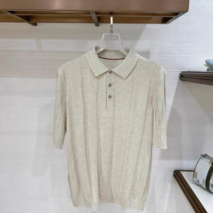 BC Yarn Linen Cotton Blended Lapel Striped Knitted POLO Shirt
