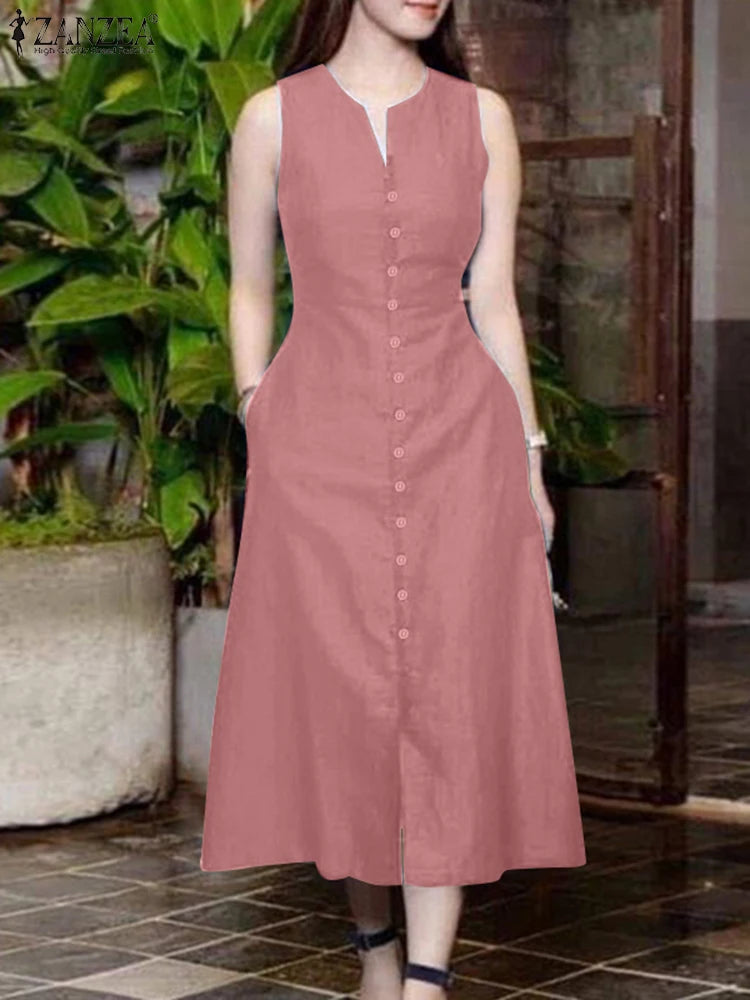 ZANZEA 2025 Summer Sundress Women Stylish Solid Party Holiday Vestidos Elegant V Neck Sleeveless Midi Dress Robe Femme Kaftan