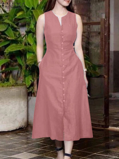 ZANZEA 2025 Summer Sundress Women Stylish Solid Party Holiday Vestidos Elegant V Neck Sleeveless Midi Dress Robe Femme Kaftan