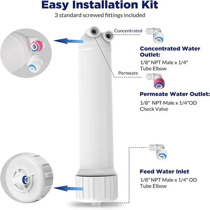 100 GPD RO Membrane, with Housing, Replacement for Drinking RO Water Filter, Wrench,1/4" Quick-Connect Fittings,Check Valve