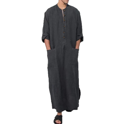 Vintage Muslim Men Islamic Arabic Jubba Thobe Robes Male Long Sleeve Pakistan Dubai Kaftan Abaya Pocket Robes Saudi Arabia Dress