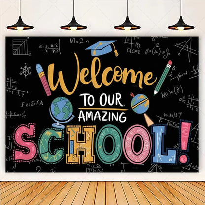 Welcome Back To The School Blackboard, Pencil Banner Backdrop, Holiday Education Theme Decoration, Photography Background Cloth