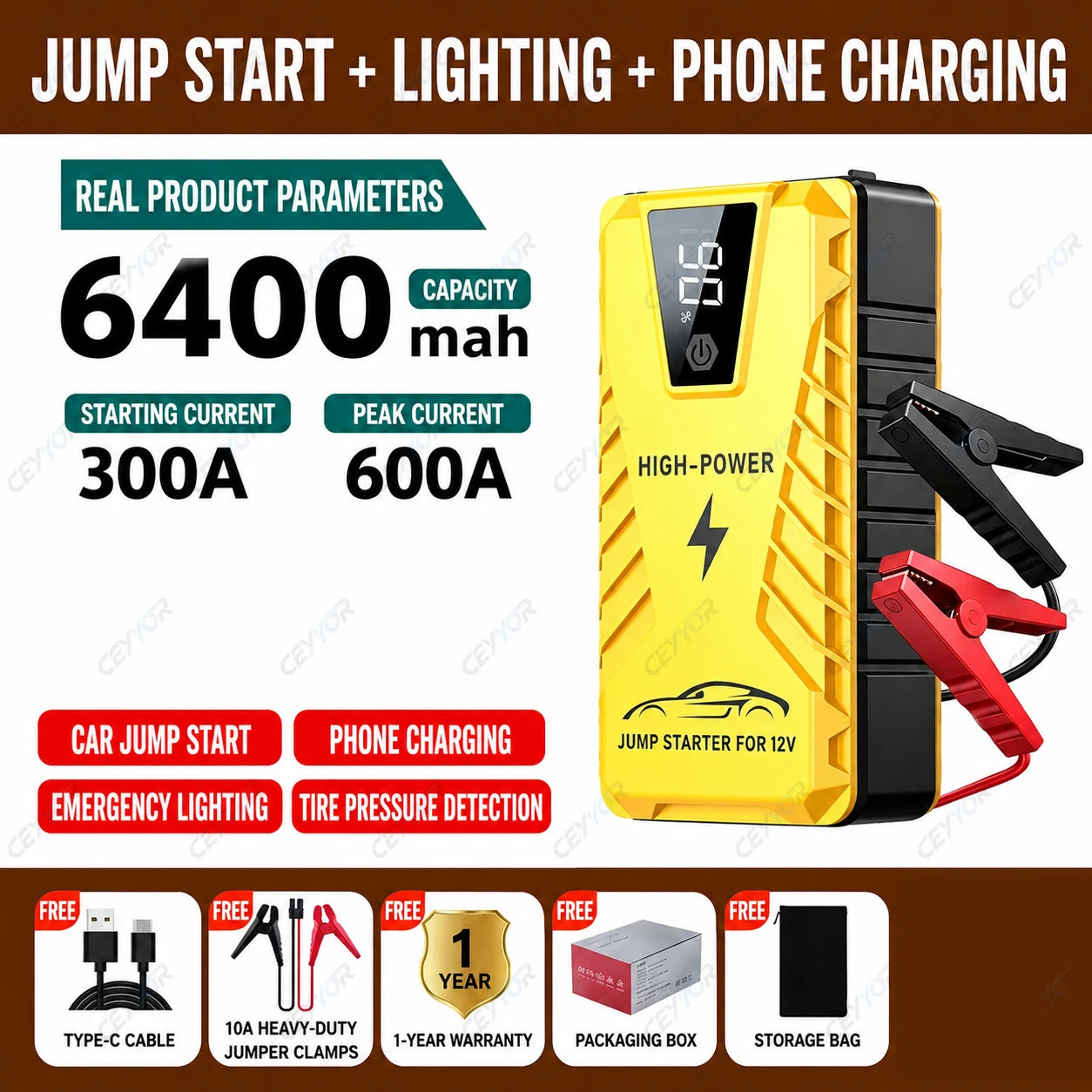 CEYYOR Jump Starter Power Bank suitable for 6.0L Petrol/4.0L Diesel Car. 3IN1 jump starter for 12V Truck/Motorcycle/SUV