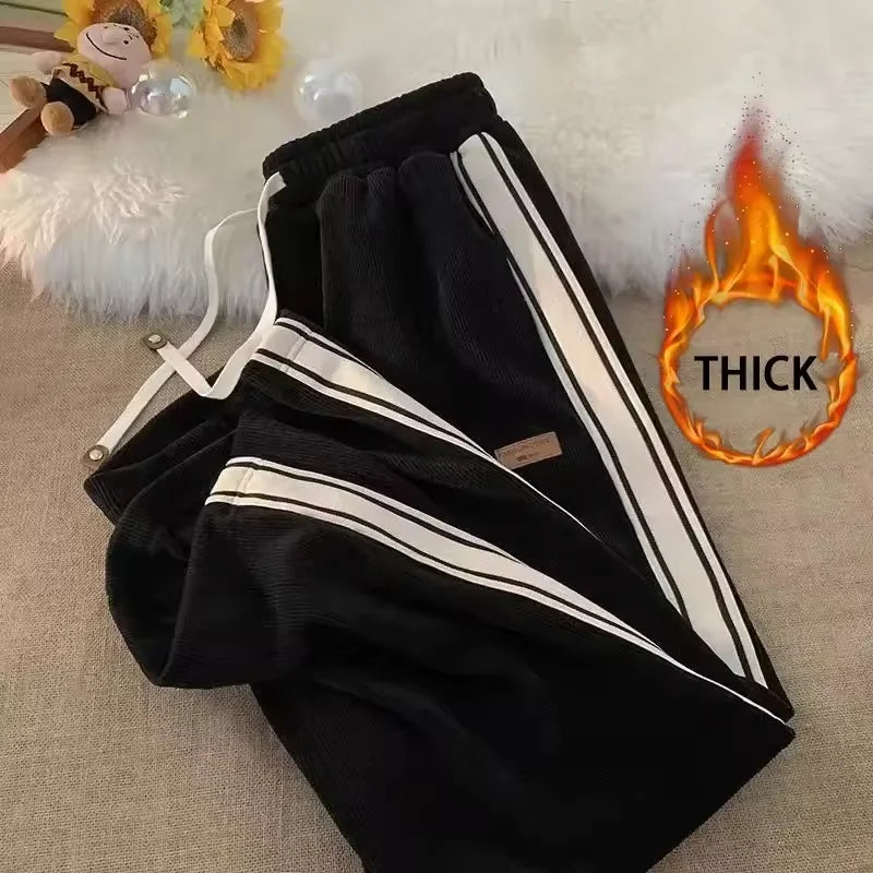 Corduroy Men Casual Sweatpants Straight Thick Wide Leg Pants Autumn Winter Streetwear Outdoor Sports Work Joggers Trousers Male