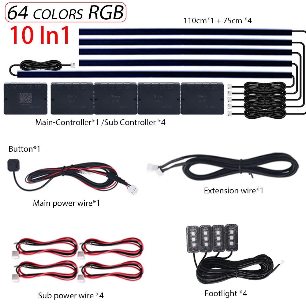 18 in 1 Dual Zone Symphony LED Car Ambient Lights RGB 64 Colors Interior Rainbow Acrylic Strip Neon Atmosphere Lighting Kit App