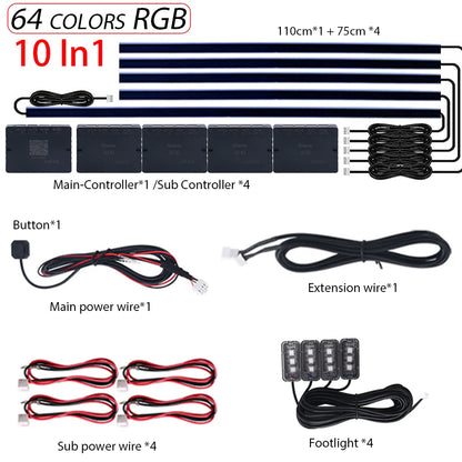 18 in 1 Dual Zone Symphony LED Car Ambient Lights RGB 64 Colors Interior Rainbow Acrylic Strip Neon Atmosphere Lighting Kit App