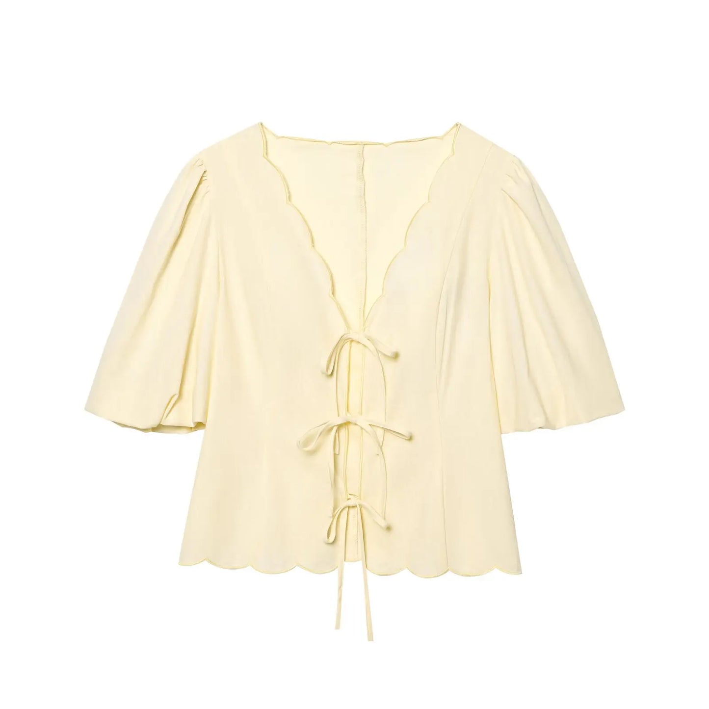 HH Women Chic Solid Simple Wave Edge V-Neck Puff Sleeves Short Shirt Top+High Waist Draw Rope Design Casual Loose Trousers
