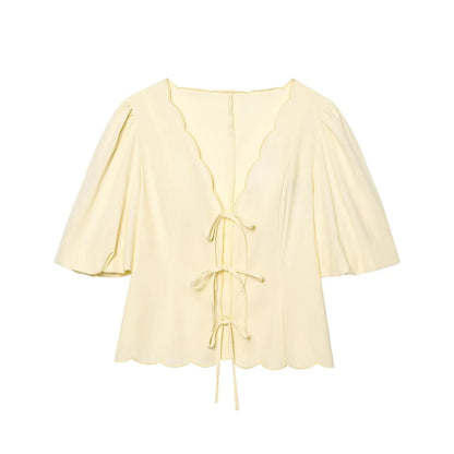 HH Women Chic Solid Simple Wave Edge V-Neck Puff Sleeves Short Shirt Top+High Waist Draw Rope Design Casual Loose Trousers