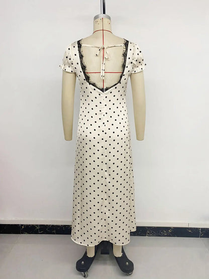 Women's Summer French Vintage Polka Dot Dress Sexy V Neck Lace Trim Short Sleeve Long Maxi Dress Vacation Beach Outfit 2026
