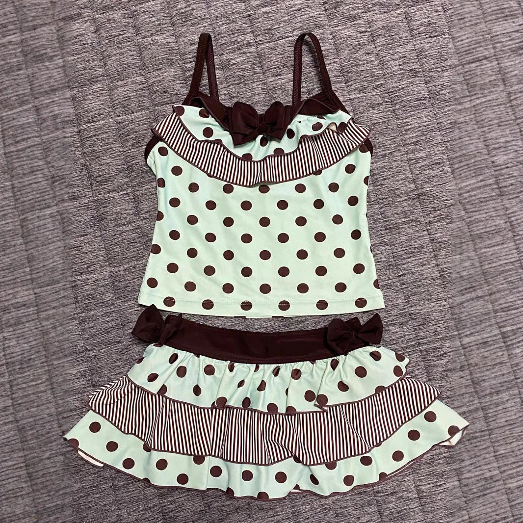 Mint Chocolate Ins Style Polka Dot Cute Bow Sleeveless Vest Cake Dress Skirt Two-Piece Suit Sweet girl Y2K style
