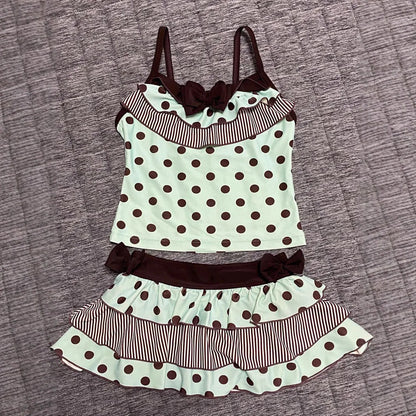 Mint Chocolate Ins Style Polka Dot Cute Bow Sleeveless Vest Cake Dress Skirt Two-Piece Suit Sweet girl Y2K style