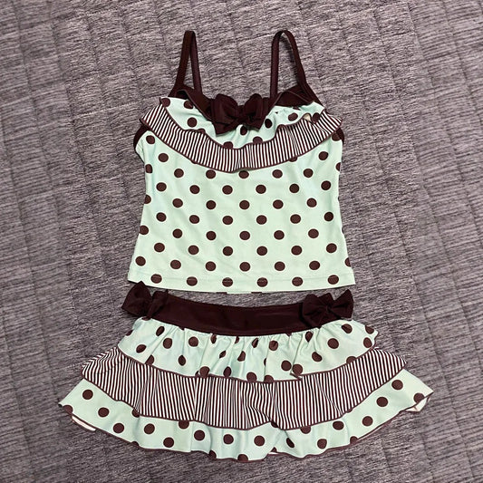 Mint Chocolate Ins Style Polka Dot Cute Bow Sleeveless Vest Cake Dress Skirt Two-Piece Suit Sweet girl Y2K style