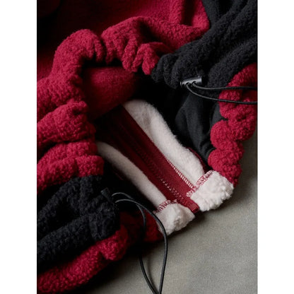 American Style Patchwork Polar Fleece Hooded Jacket Men Autumn Winter Warm Oversized Coat High Street Hip Hop Streetwear Man
