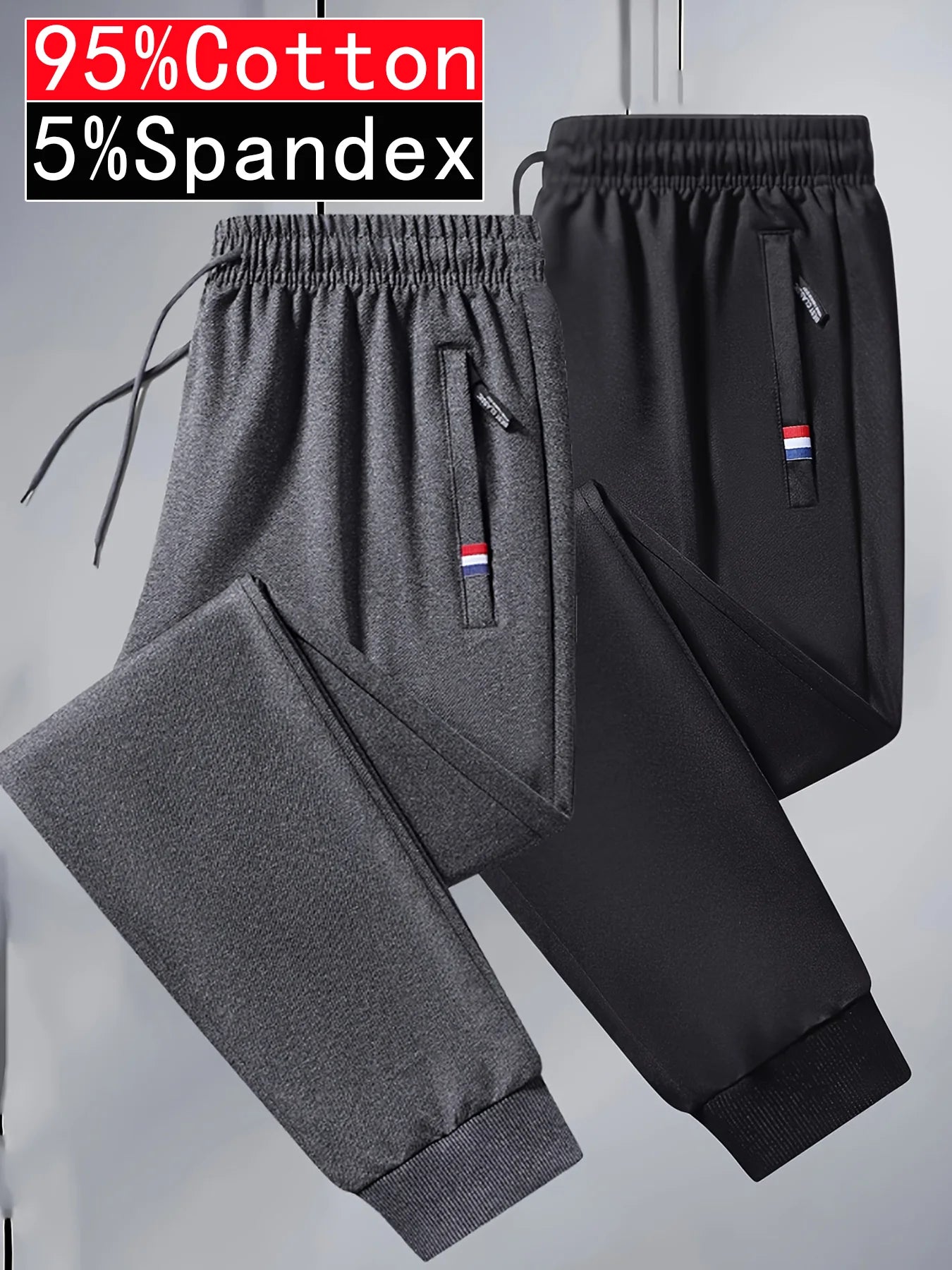 2-piece Black Pants Autumn Men's Stretch Belt Zipper Pocket Jogging Elastic Cotton Fitness Sport Suitable Gym Hiking Daily Wear