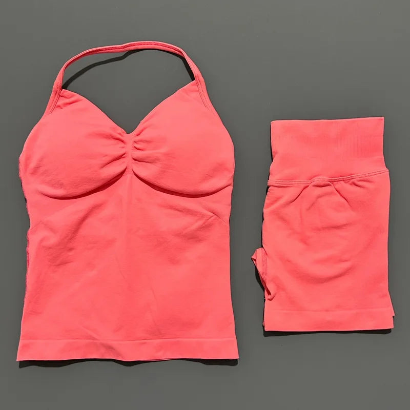 HISTELLO 2 Pieces Sports Set Women Yoga Longline Strap Top Scrunch Seamless Shorts Sport Gym Set Sportswear Workout Fitness Set