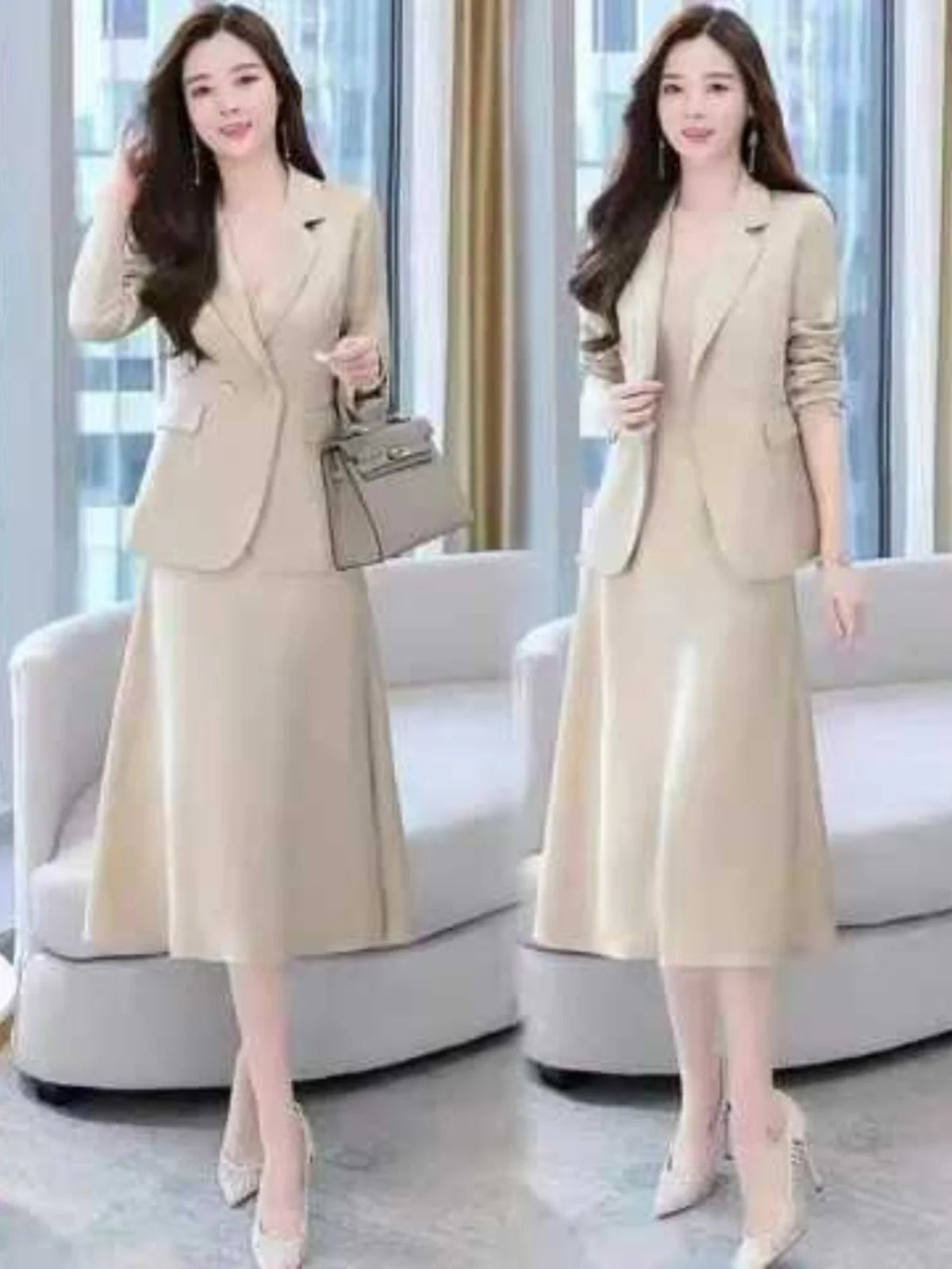 plus Size Women's Dress Suit Set Sleeveless Long Dress with Jacket Autumn Fashion Slimming Two-Piece Set High Waist Korean Style