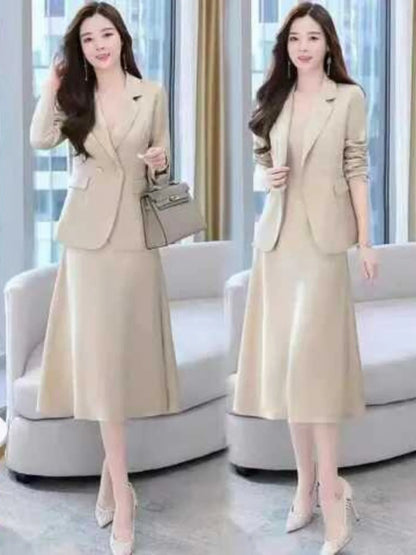 plus Size Women's Dress Suit Set Sleeveless Long Dress with Jacket Autumn Fashion Slimming Two-Piece Set High Waist Korean Style