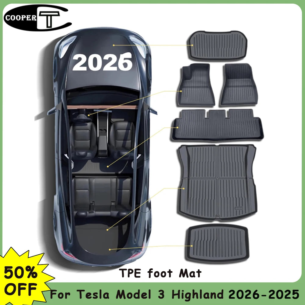 Waterproof Floor Mats for Tesla Model 3 Highland 2025 2026  easy clean TPE floor mats, odor-free foot mats,  rubber floor mats