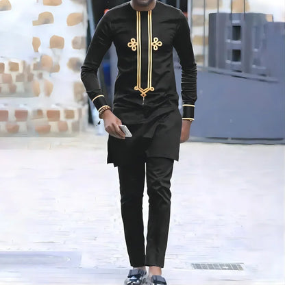 LIBIELIY Four Seasons Black New Fashion Men's 2 Pieces Sets Afirican Syle Ethinic Casual Clothes And Pants Luxury Muslim Men Clo