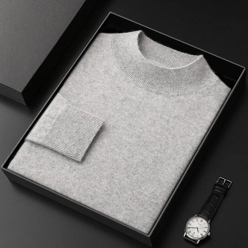 100% Pure Cashmere Sweater Men's Half High Collar Solid Color Pullover Fashion New Knit Undercoat  Autumn and Winter Long Sleeve