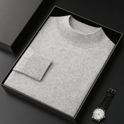 100% Pure Cashmere Sweater Men's Half High Collar Solid Color Pullover Fashion New Knit Undercoat  Autumn and Winter Long Sleeve