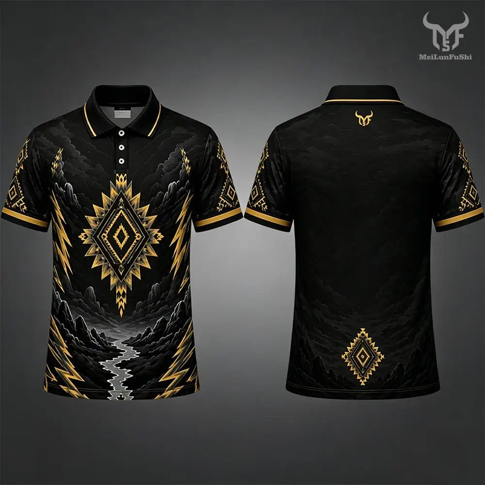 New Men's Western Mountain Ethnic Style Casual Printed Polo Shirt Quick Dry Sport Golf Shirt Summer Casual Breathable Lapel Tops
